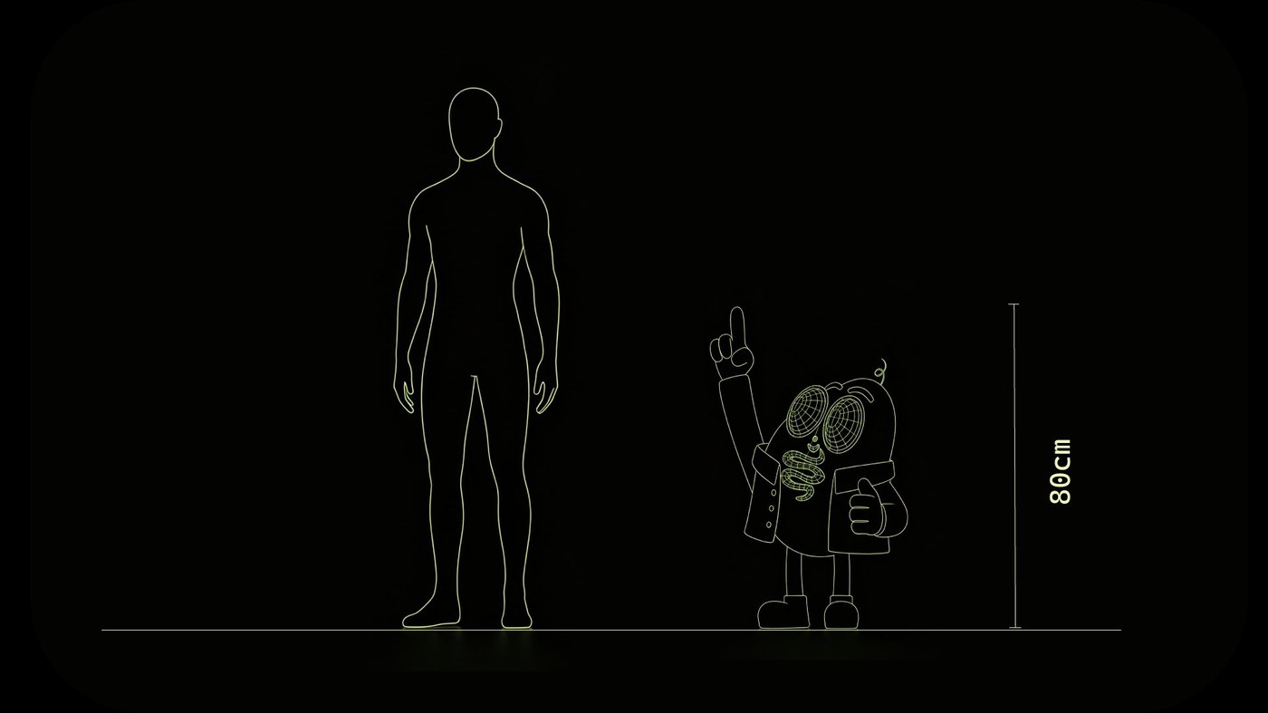 Boceto de escala: silueta humana junto al personaje corpóreo de 80cm